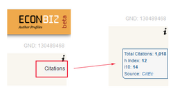 Screenshot of EconBiz Author Profiles showing the citation metrics feature