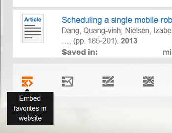 Screenshot from the EconBiz lists of favorites menu with the button “Embed favorites in website”