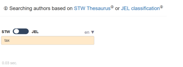 Screenshot sample search based on the stw thesaurus term “tax” in EconBiz Author Search
